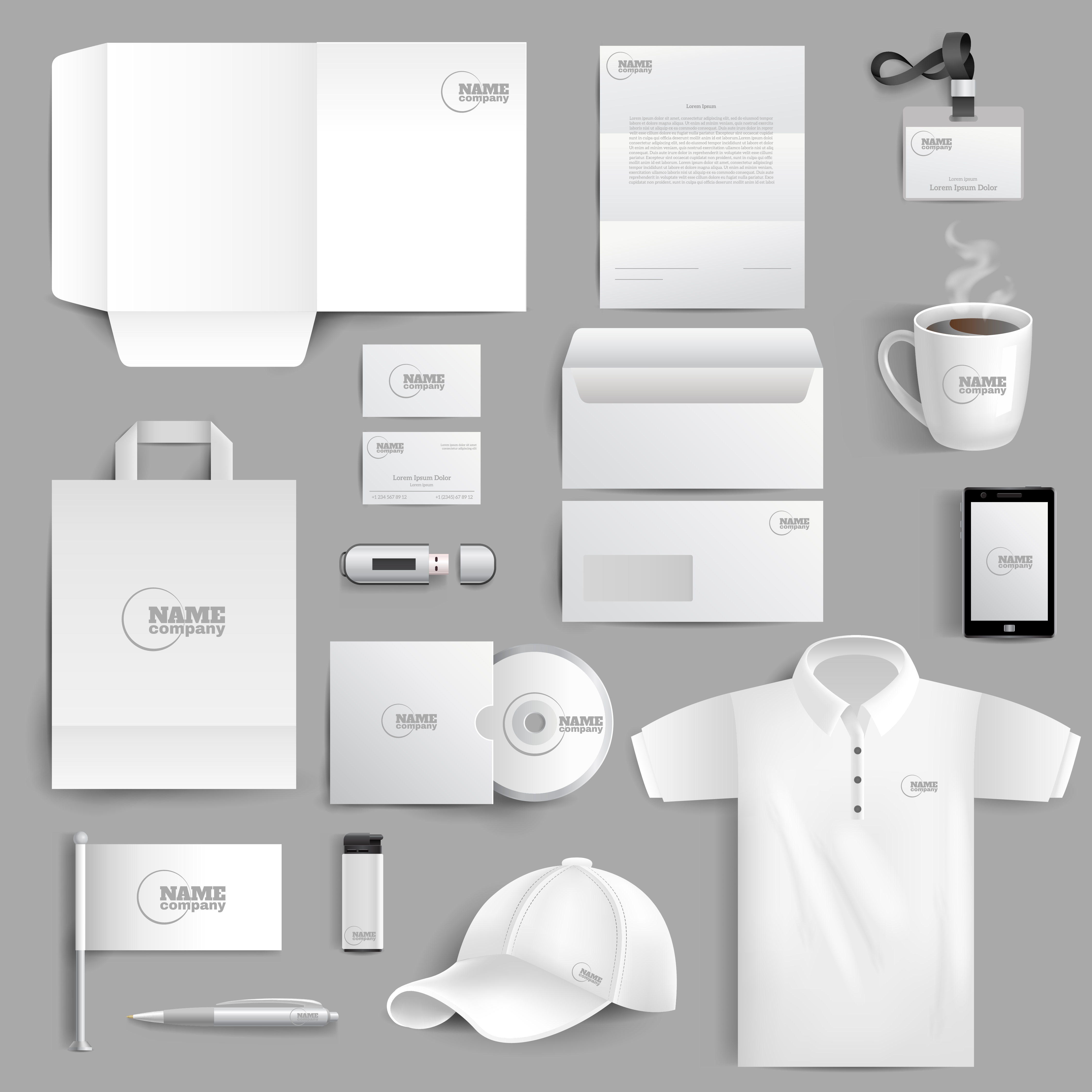 Stationery Set Realistic White corporate identity stationery set with realistic lighter cup and visit cards isolated vector illustration