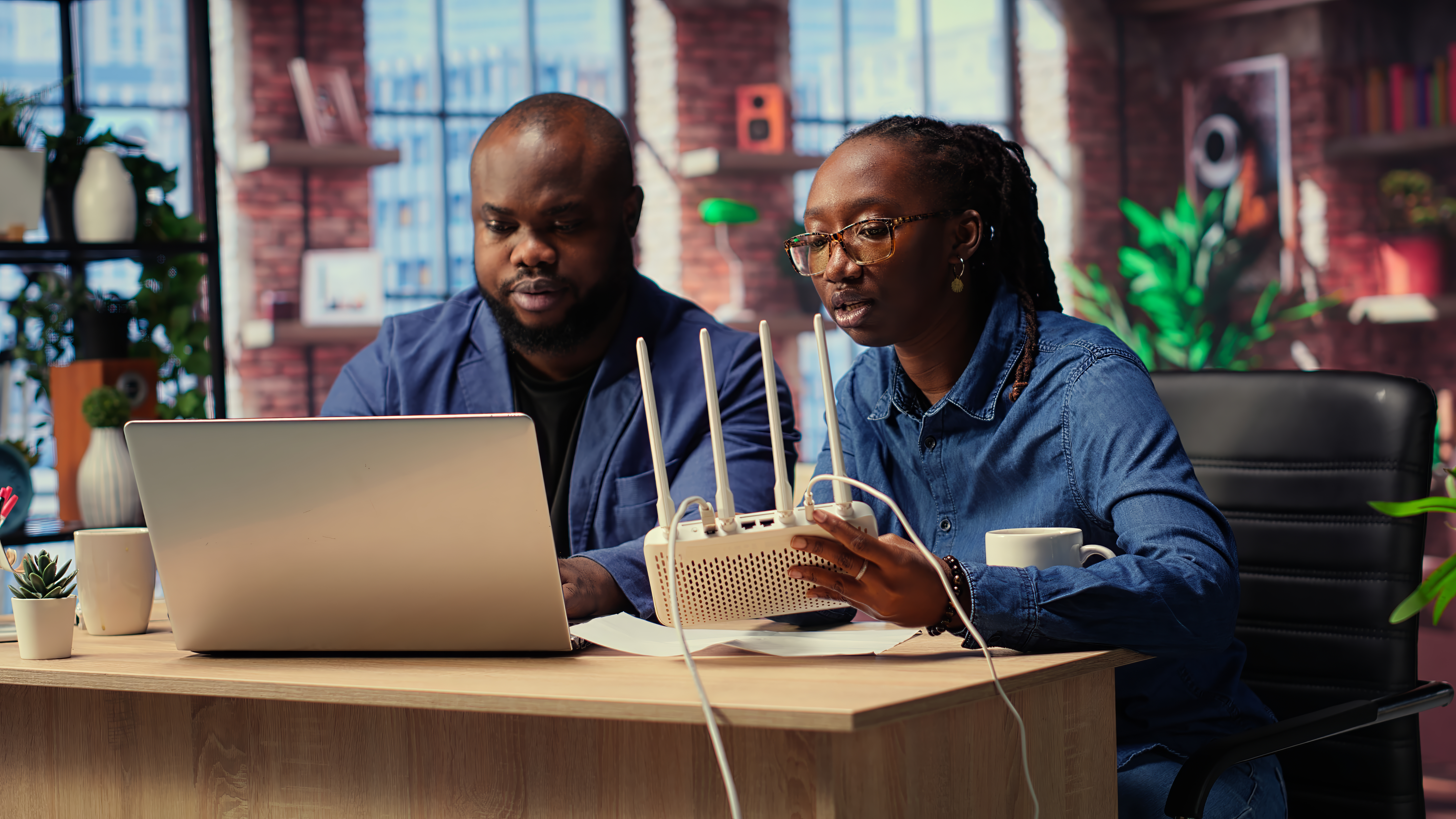 African American couple at home office troubleshooting their Wi Fi modem African American couple at home office troubleshooting their Wi Fi modem and discussing solutions to fix a weak connection affecting their remote work productivity. Router guide files. Camera B.
