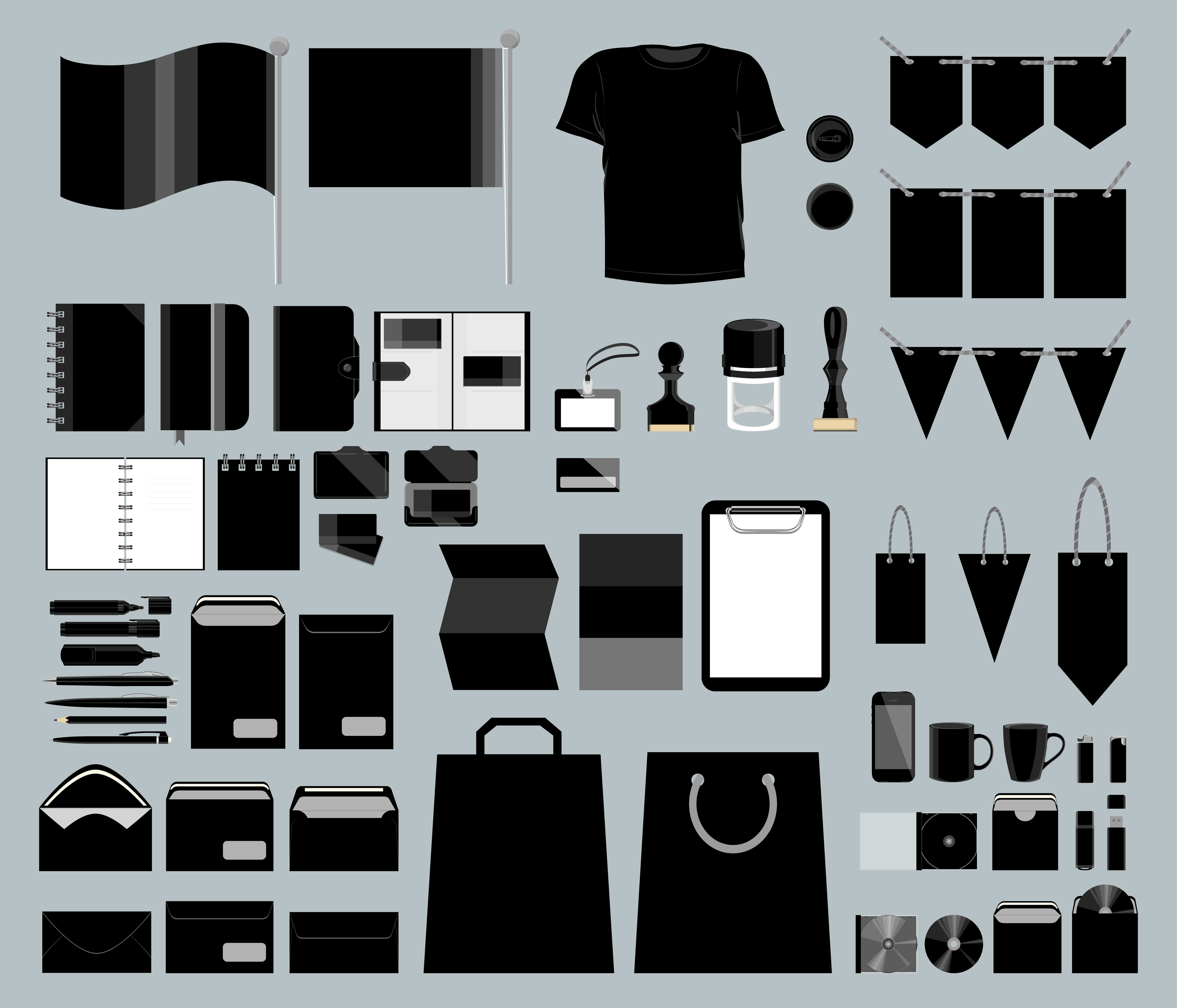 Corporate design set. Corporate brand design set. Envelopes and t-shirts, stationary and more. Black colour.