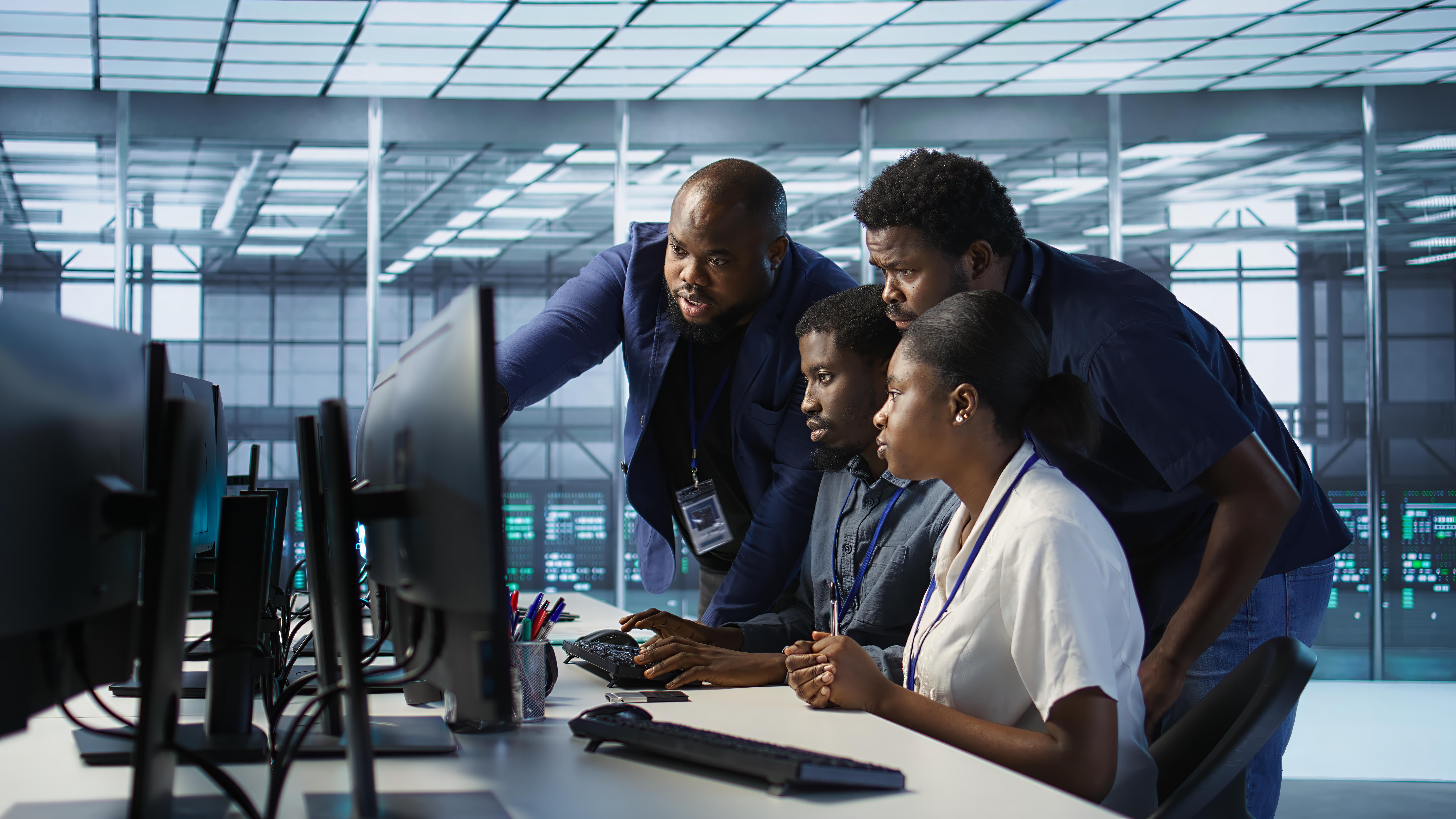 Coworkers in data center doing brainstorming, implementing AI Coworkers in data center doing brainstorming, implementing AI predictive maintenance systems. Server hub colleagues discussing, using artificial intelligence to identify hardware failures, camera A